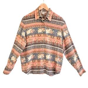 Nora Noh Silk Pastel Floral Stripe Shirt Top Blouse Size Small Cottage Preppy